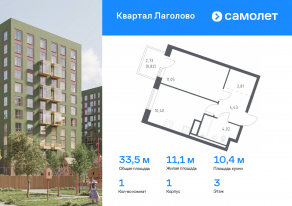 ЖК «Квартал Лаголово», планировка 1-комнатной квартиры, 33.53 м²