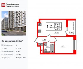 ЖК «Титул в Московском», планировка 1-комнатной квартиры, 32.60 м²