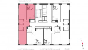 ЖК «Обручева 30», планировка 2-комнатной квартиры, 64.60 м²