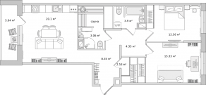 ЖК ЦДС «Dreamline», планировка 2-комнатной квартиры, 70.60 м²