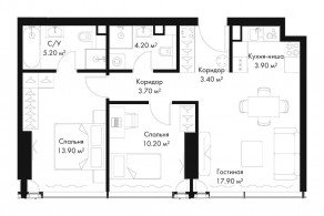 МФК «SLAVA», планировка 2-комнатной квартиры, 62.40 м²