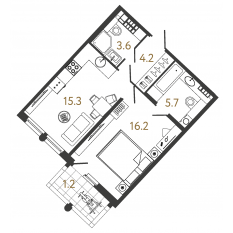 ЖК «Миръ», планировка 1-комнатной квартиры, 45.00 м²
