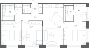 МФК «Равновесие», планировка 3-комнатной квартиры, 76.90 м²