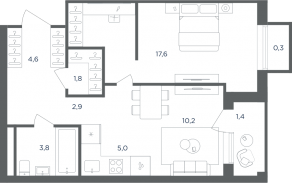 МФК «Равновесие», планировка 2-комнатной квартиры, 45.90 м²