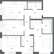 МФК «Равновесие», планировка 3-комнатной квартиры, 81.00 м²
