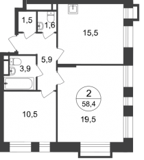 ЖК «Первый Московский», планировка 2-комнатной квартиры, 58.40 м²
