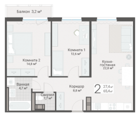 ЖК «Руднева, 15», планировка 2-комнатной квартиры, 65.40 м²