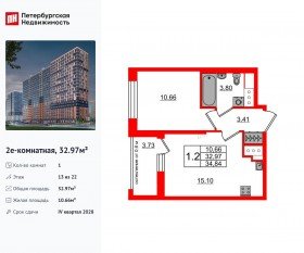 ЖК «Город звезд», планировка 1-комнатной квартиры, 32.97 м²