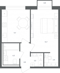 МФК «Равновесие», планировка 1-комнатной квартиры, 38.40 м²