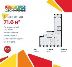 ЖК «Деснаречье», планировка 3-комнатной квартиры, 71.60 м²
