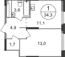 ЖК «Первый Московский», планировка 1-комнатной квартиры, 34.30 м²