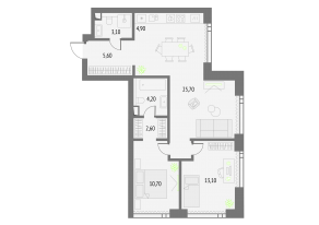 ЖК «Upside Towers», планировка 2-комнатной квартиры, 69.90 м²