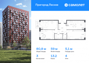 ЖК «Пригород Лесное», планировка 3-комнатной квартиры, 80.83 м²