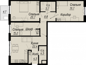 ЖК «Meltzer Hall», планировка 3-комнатной квартиры, 105.69 м²