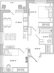 ЖК «Parkolovo», планировка 2-комнатной квартиры, 50.70 м²