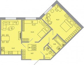 ЖК «Стороны света-2», планировка 2-комнатной квартиры, 52.65 м²