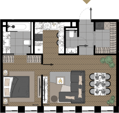 МФК «Зорге 9», планировка 1-комнатной квартиры, 57.80 м²