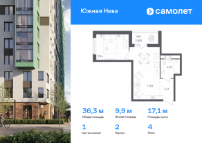 ЖК «Южная Нева», планировка 1-комнатной квартиры, 36.27 м²