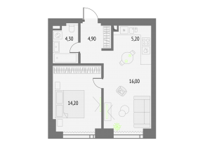 ЖК «Upside Towers», планировка 1-комнатной квартиры, 44.60 м²