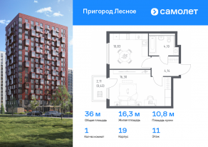 ЖК «Пригород Лесное», планировка 1-комнатной квартиры, 36.00 м²