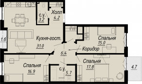 ЖК «Meltzer Hall», планировка 3-комнатной квартиры, 107.12 м²