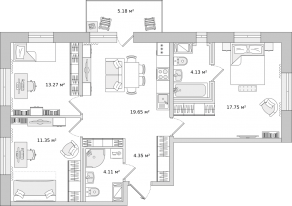 ЖК ЦДС «Северный», планировка 3-комнатной квартиры, 73.70 м²