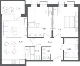 МФК «Равновесие», планировка 3-комнатной квартиры, 55.90 м²