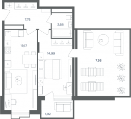МФК «Равновесие», планировка 2-комнатной квартиры, 54.90 м²