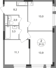 ЖК «Первый Московский», планировка 2-комнатной квартиры, 51.50 м²