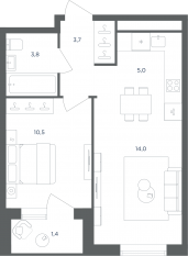 МФК «Равновесие», планировка 2-комнатной квартиры, 37.00 м²