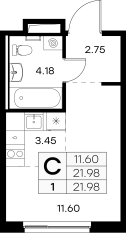 ЖК «GloraX Новоселье», планировка студии, 21.98 м²