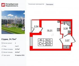 ЖК «Парадный ансамбль», планировка студии, 24.76 м²