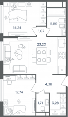 ЖК «Headliner», планировка 3-комнатной квартиры, 66.90 м²