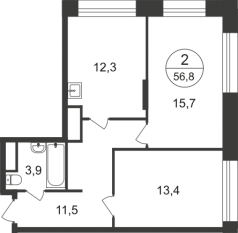 ЖК «Первый Московский», планировка 2-комнатной квартиры, 56.80 м²