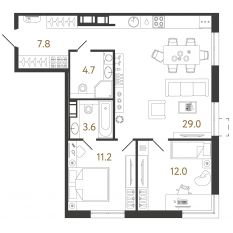 ЖК «Струны», планировка 2-комнатной квартиры, 68.30 м²