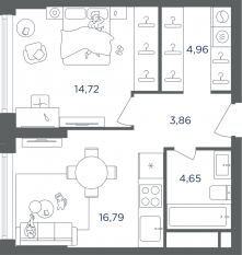 ЖК «Headliner», планировка 2-комнатной квартиры, 45.20 м²