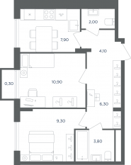МФК «Равновесие», планировка 2-комнатной квартиры, 44.10 м²