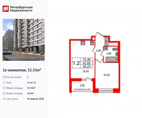 ЖК «Титул в Московском», планировка 1-комнатной квартиры, 32.55 м²