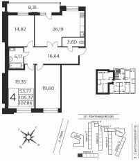 ЖК «Новый Лесснер», планировка 3-комнатной квартиры, 105.37 м²