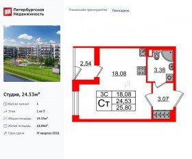 ЖК «Парадный ансамбль», планировка студии, 24.53 м²