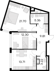 ЖК «GloraX Premium Василеостровский», планировка 2-комнатной квартиры, 66.90 м²
