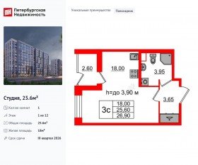 ЖК «Бионика Заповедная», планировка студии, 25.60 м²