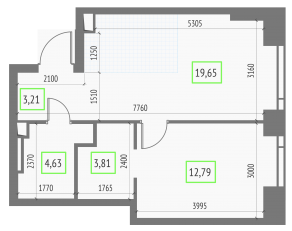 ЖК «Upside Towers», планировка 1-комнатной квартиры, 44.09 м²