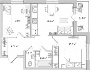 ЖК «Город Первых», планировка 2-комнатной квартиры, 54.50 м²