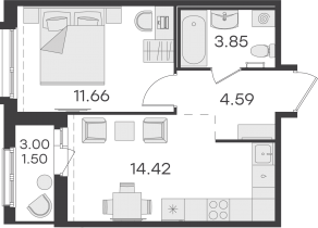 ЖК «GloraX Парголово», планировка 1-комнатной квартиры, 36.02 м²