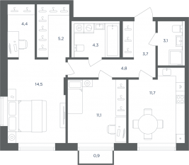 МФК «Равновесие», планировка 2-комнатной квартиры, 63.10 м²