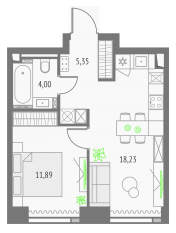 ЖК «Upside Towers», планировка 1-комнатной квартиры, 39.47 м²