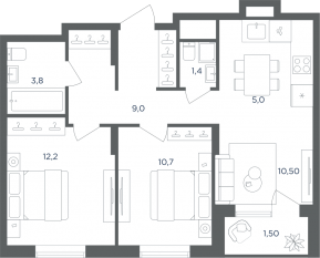 МФК «Равновесие», планировка 2-комнатной квартиры, 52.40 м²