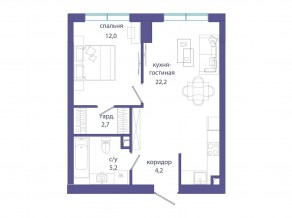ЖК «Событие», планировка 1-комнатной квартиры, 46.30 м²