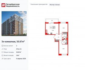ЖК «Астра Континенталь», планировка 2-комнатной квартиры, 50.87 м²